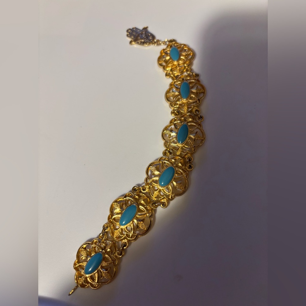 Vintage Souvenir du Maroc Moroccan Bracelet Poured Turquoise Hamsa Hand 8”